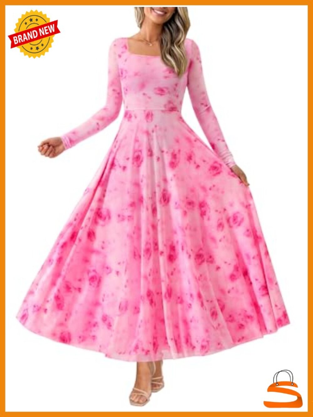 Women Boho Floral Maxi Dress Square Neck Long Sleeve Formal Wedding Guest